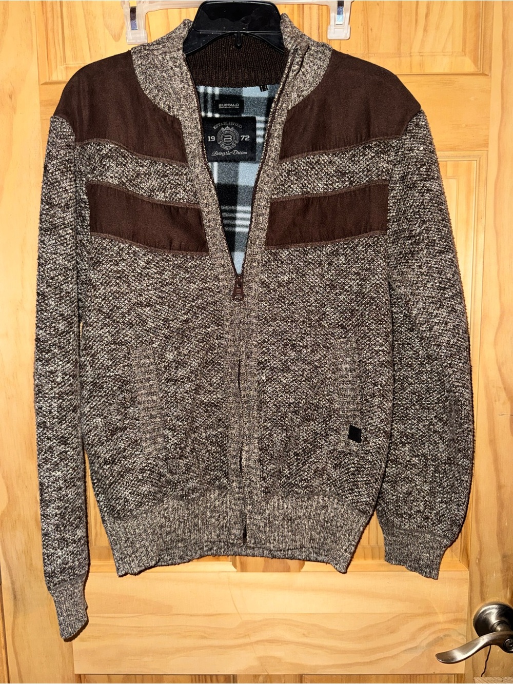 Buffalo David Bitton men’s full-zip sweater jacket with a plaid fleece lining